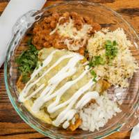 Chicken Enchilada Casserole · Mexican cheeses, cilantro, onion, fire-roasted tomatillo, salsa, crema, cilantro lime rice, ...