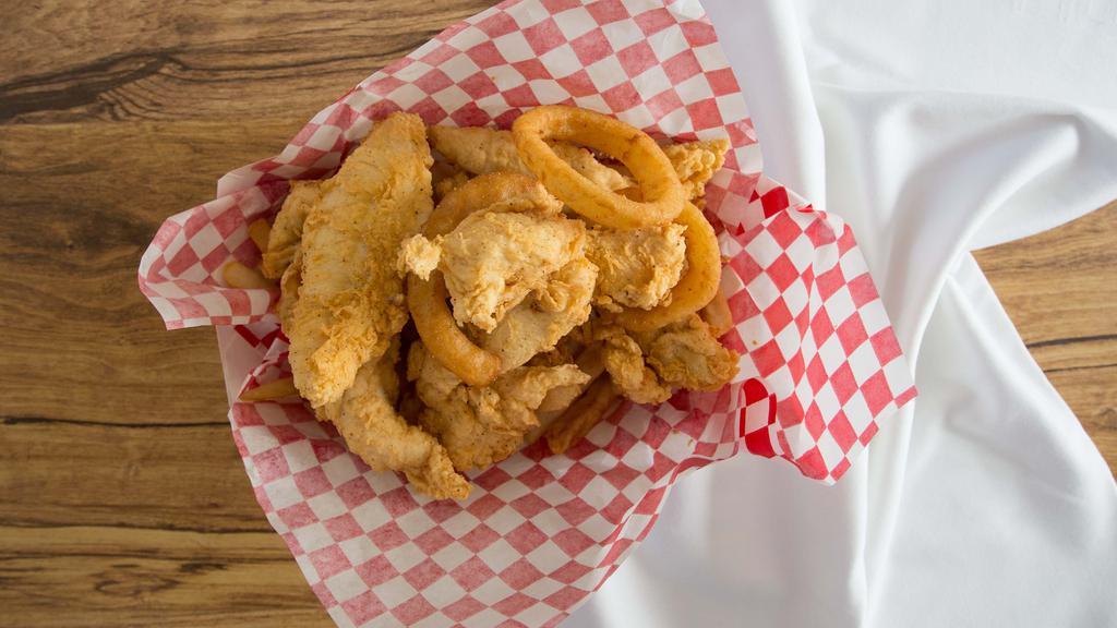 Chicken Basket · Six pieces of chicken tenders breaded,  fries, three onion rings, and a medium drink.