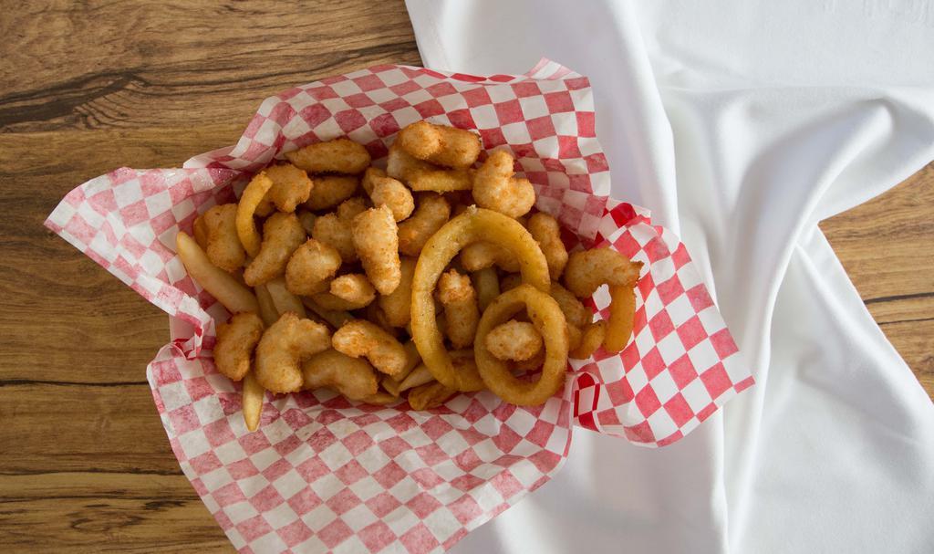 Shrimp Basket (20) · 20 pieces of small fried shrimp, fries, three onion rings, and a medium drink.