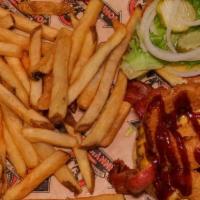 Dodge City Brg · Crispy onion ring, cheddar, bacon, & BBQ sauce.