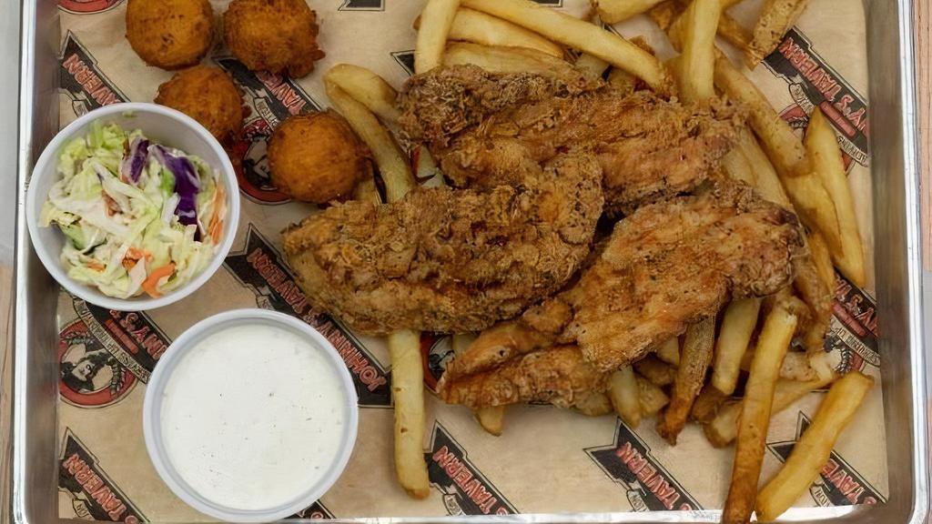 Chicken Strip Platter · Hand breaded chicken tenders, fries, slaw, house made hush puppies and your choice of sauce.

*Try it Wilson style