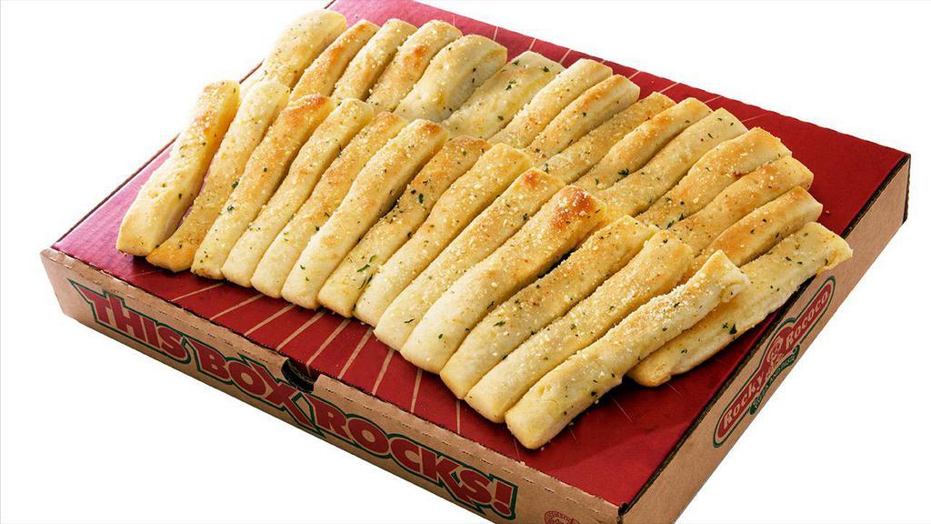 Party-Size Stix (28) · 110 cal/each, 3120 cal. Rocky's famous breadsticks. Includes 3 marinara cups: 75 cal., 2 nacho cheese cups: 140 cal.