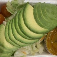 House Salad (Avocado) · Greens, tomato, cucumber, avocado, ginger dressing.