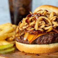 Cola Bbq Bacon · Cheddar, caramelized cherry cola onions, smoked bacon, crispy onion straws and drizzled with...