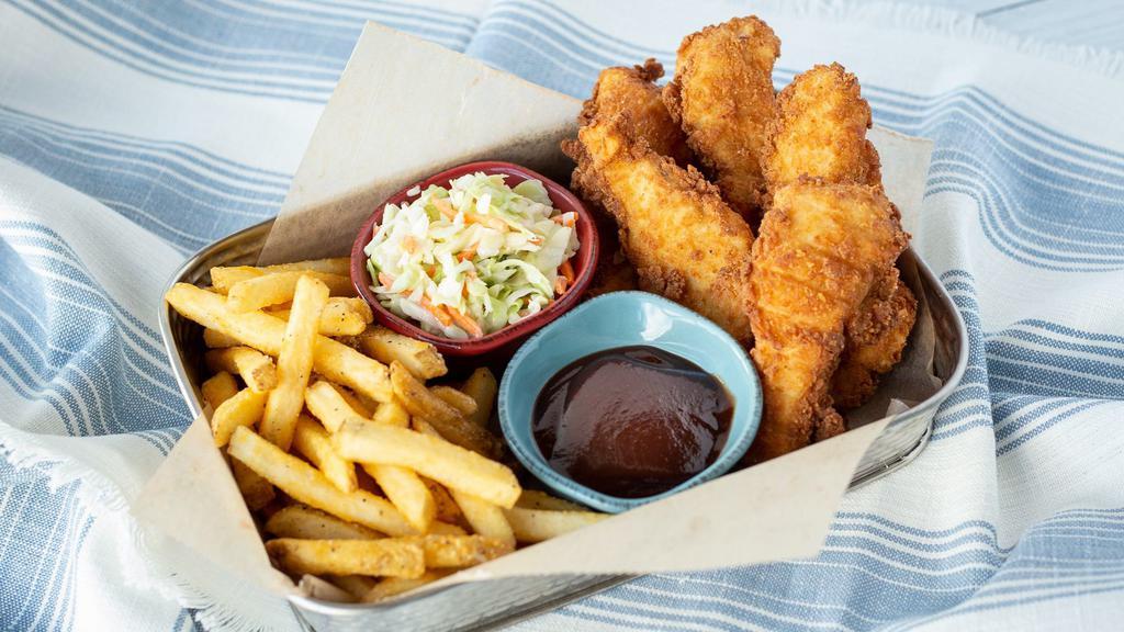 Hand-Breaded Chicken Tenders · Served with Erma's BBQ sauce & your choice of two sides.
