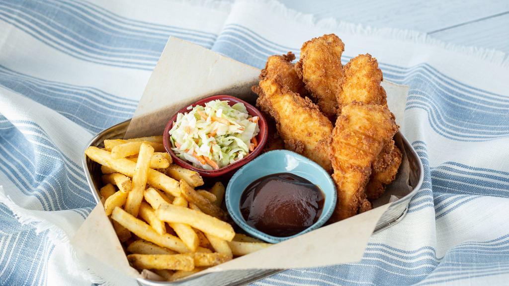 New England Fish & Chips · Crispy, hand-breaded  cod served with seasoned fries, creamy coleslaw and tartar sauce.
