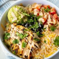 Southwest Chicken Bowl · Fajita chicken, black beans, jack & cheddar cheese, fresh guacamole, pico de gallo & rice, d...
