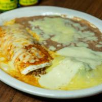 Beef Burrito, Chile Relleno & Beans · El Jaripeo Chile Relleno is a Ground Beef Meatball with a slice of pepper covered in cheese.