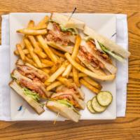 Adagio'S Club Sandwich · Turkey, ham, bacon, lettuce, mayo, tomato, Swiss and American cheeses, Texas toast
