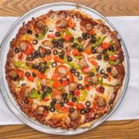 Supreme · Sausage, pepperoni, green, red peppers, black olives, onions, mozzarella.