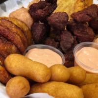 Fritanga · Variety tray feeds 4 – 8 people – fried pork, tostones, sorullitos & bolitas de yuca w/dippi...