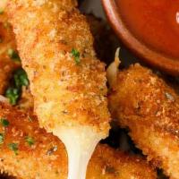 Cheese Sticks · Four cheese sticks with pizza sauce.