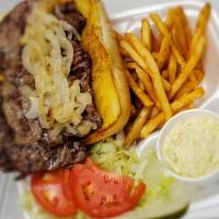 Steak Dinner · Charbroiled served on garlic bread with grilled onions, coleslaw and fries.