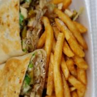 Chicken Philly Wrap · grilled chicken, green peppers and mushrooms comes on tortillas with mayo, lettuce and mazz ...