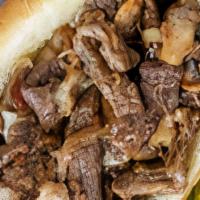Philly Cheesesteak · Grilled to perfection beef with onions, mushrooms, green peppers, and provolone cheese. Serv...