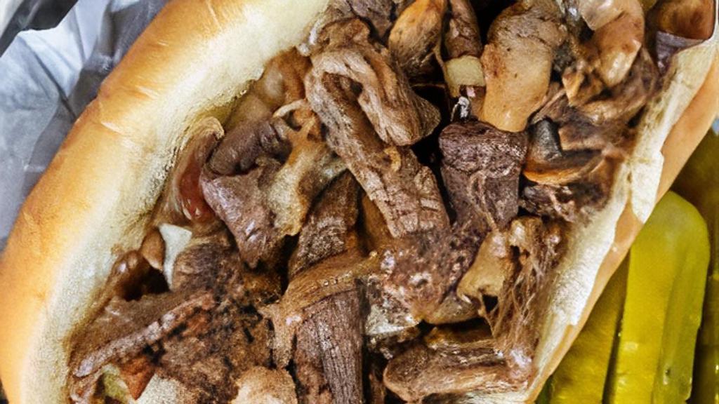 Philly Cheesesteak · Grilled to perfection beef with onions, mushrooms, green peppers, and provolone cheese. Served on a fresh roll.