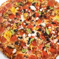 Deluxe Pizza · Cheese, Pepperoni, Bacon, Ham, Italian Sausage, Beef Hamburger, Onion, Olives, Green Pepper,...