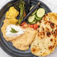 Hummus · tzatziki, crunchy chickpeas, vegetables, pita bread