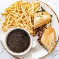 French Dip · braised beef brisket, provolone cheese, charred onion & poblano, au jus