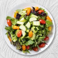 Garden Salad Of Eden · Fresh green lettuce mix, tomatoes, black olives, red onions, bell peppers, and shredded mozz...