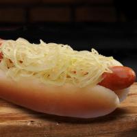 Sauerkraut Dog Combo · Hot dog topped with sauerkraut with fries.
