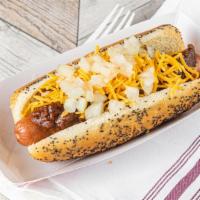 Chili Dawg - 12 Inch · Steamed poppy seed bun with a ladle of our texas (no bean) chili, shredded cheddar and/or ch...