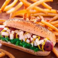 The Dr. Dawg · Jumbo 1/4 lb. Char-grilled Angus sirloin beef hot dawg served with mustard, green relish, on...