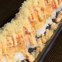 Mickey Roll (8) · Two pieces shrimp tempura, crab stick inside, topped with spicy crab sticks, crunch, and spi...