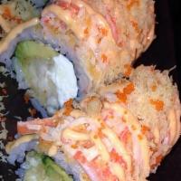 Hot Lover Roll (8) · Deep-fried variety of fish, cream cheese, avocado and spicy crab stick on top.