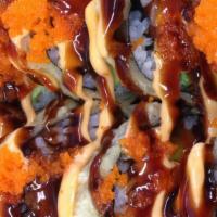 Out Of Control (10) · Smoked salmon, cream cheese avocado inside with spicy mayo, eel sauce, and tobiko.