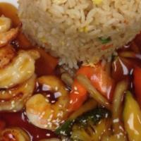 Hibachi Shrimp · Served with broccoli zucchini onion mushroom and fried rice or white rice.