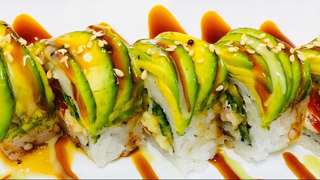Dragon Roll · Eel and cucumber inside, avocado and tobiko on top.