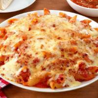 Baked Mostaccioli · Mostaccioli, with your choice of homemade sauce, baked with a combination of freshly grated ...