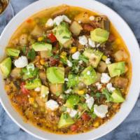 Roasted Vegetable & Quinoa Stew · Gluten free. Avocado, feta cheese, squash, peas, bell pepper, tomato, salsa, cilantro.
