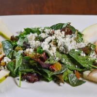 Fresh Orchard Salad · Gluten free available. Mixed greens, bleu cheese crumbles sliced pear, golden raisins. spice...