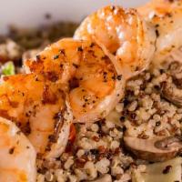 Shrimp Quinoa Bowl · Gluten free. Shrimp, rainbow quinoa, squash, tomato, cremini mushrooms, spinach. 395 cal.