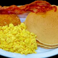 Mathis Big Breakfast · Two eggs, two pancakes, two bacon or (1) sausage and hash browns.