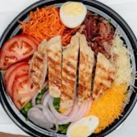 Chicken Chopped Salad · Lettuce, grilled chicken, tomato, cucumber, onion, carrot, bacon, shredded cheese, croutons,...