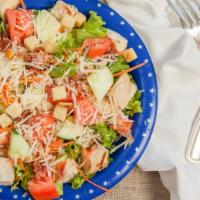 Chicken Caesar Salad · Leaf lettuce, grilled chicken breast, croutons, Parmesan, caesar dressing, and hard boiled e...