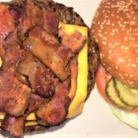 Bacon Double Cheeseburger · For hungry appetites! Double meat burger of freshly ground lean and juicy beef topped with m...