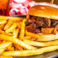 Burnt End Brisket Sandwich · Burnt ends. Comes with 1 side and a drink.