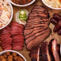 The Whole Farm Family Feast · Eight servings of chicken, eight servings of sausage eight, servings of brisket, 4 hot links...