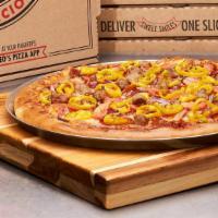 Dante'S Peak Specialty Pizza · Pepperoni, sausage, banana peppers, red onions, tomatoes, Wisconsin cheese blend and origina...