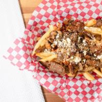 Greek Fry Platter · Fries topped with gyro meat, grilled onions, and mushrooms, Feta cheese, and oregano.