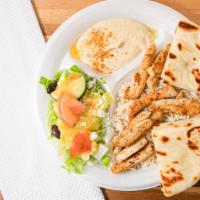 Chicken Platter · Chicken meat, rice, Greek salad, and hummus.