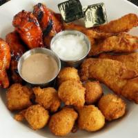 Fingers & Wings Combo · With fries or hush puppies, served with house and bleu cheese sauces.