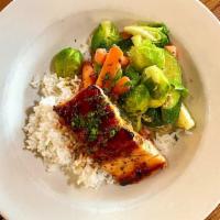 Grilled Salmon · Grilled salmon, rice, vegetables topped with a ginger-plum sauce