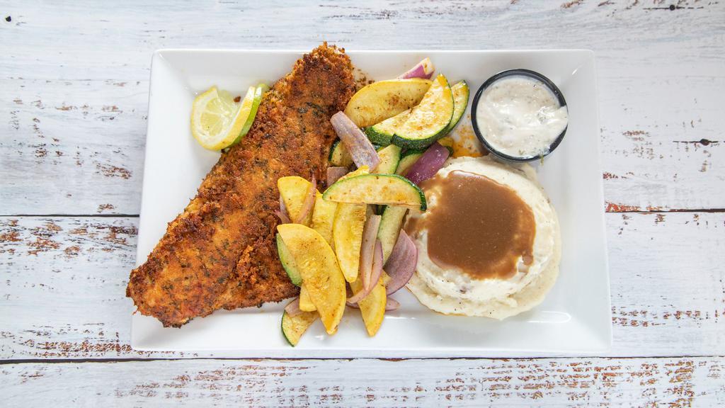 Walleye · Your choice of beer battered with tartar sauce or pan fried with lemon garlic aioli, served with seasonal vegetables and choice of baked potato or French fries.