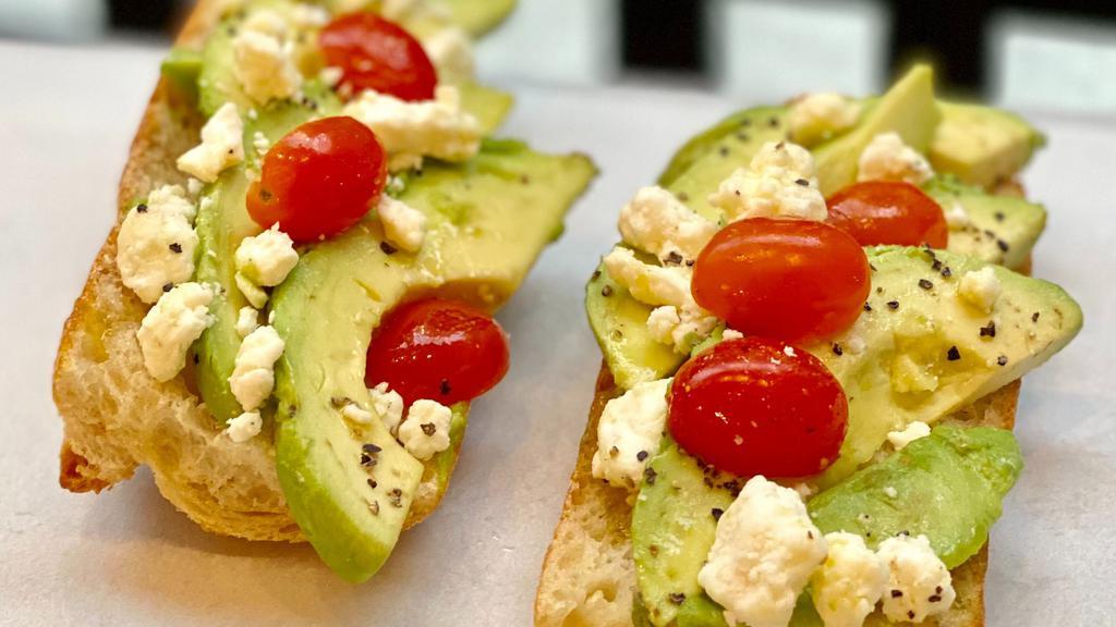 Tartine Méditerranéenne · Toasted french baguette, avocado, tomato, feta cheese, chia seeds, olive oil. Serve with side salad and MP French dressing