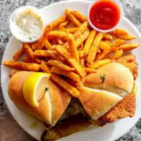 Walleye Sandwich · Deep fried walleye, topped with lettuce and served on a hot hoagie served with French fries.